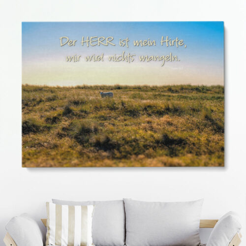 Christliches Leinwandbild Hirte Psalm 23,1 mit Schaf in ruhiger Graslandschaft